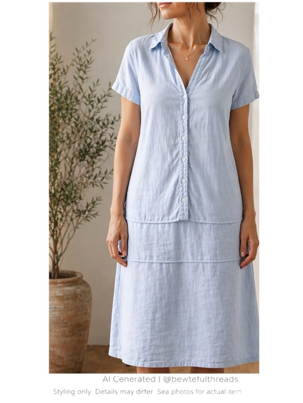 Light Blue Linen Shirt Dress L Minimalist Coastal Midi Summer Capsule